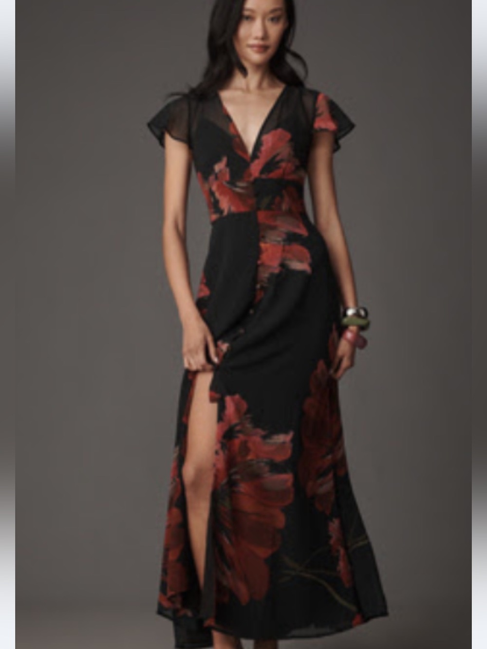 Anthropologie Hutch Floral Maxi Dress 8P NWOT Sheer Flutter Sleeve